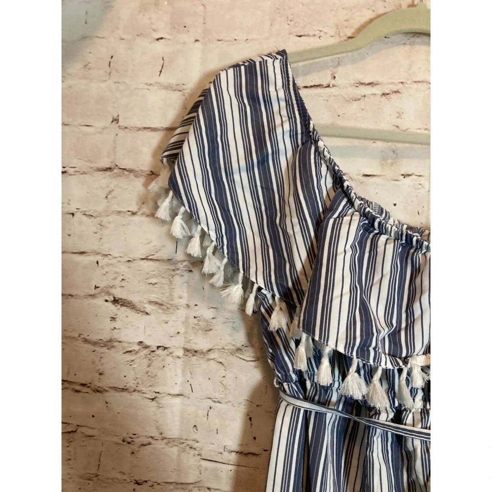 Isabel Maternity Dress Womens Medium Blue Vertical Striped Tasseled One Shoulder - Picture 10 of 16